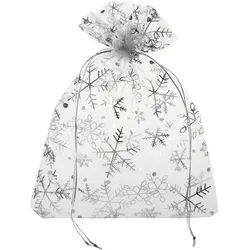 10 Organzasäckchen mit weihnachtlichem Motiv 150 x 200 mm | Schneeflocke/Eiskristall, weiß|silber