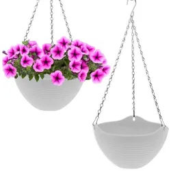 Spetebo Blumenampel Hängeampel mit Rillen Struktur 25 cm - 2er Set (Anzahl, 1 St., Set), eingearbeitete Drainage mit Verschluss-Stopfen weiß