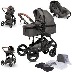 Bronea Kombi-Kinderwagen 3in1 Komplettset inkl. MATRATZE, BUGGY & AUTO-BABYSCHALE, Grey/Schwarz, Gummi Reifen,Wickeltasche,Regen-, Mücken- & Sonnenschutz grau