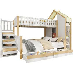 Oxeza Etagenbett 90/200 cm Weiß + Natur mit Stauraumleiter, 2 Schubladen und Unregelmäßiger Zaun , Holz , Mode , Rechteckig , 90x200 cm , Babymöbel & Kindermöbel, Kinderzimmer & Jugendzimmer, Stockbetten