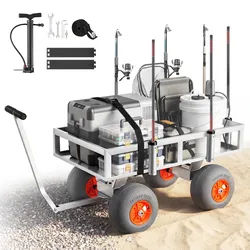 VEVOR Angelwagen Faltbar, 159kg Belastbarer Bollerwagen mit 4 PU-Luftreifen für All-Terrain, Transportwagen mit Alugestell & 6 Rutenhaltern, Multifunktionale Transportkarre für Angeln Camping Strand