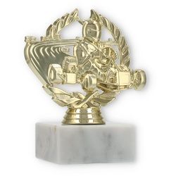 Pokal Kunststofffigur Go-Kart im Kranz gold auf weißem Marmorsockel 12,5cm