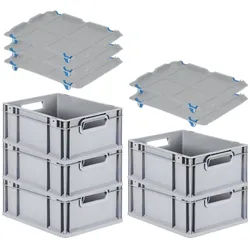PROREGAL SparSet 5x Eurobox NextGen Grip mit Auflagedeckel & 4 blauen Verschlüssen, HxBxT 17x30x40cm, 16L, Grau, Griffe offen, Eurobehälter
