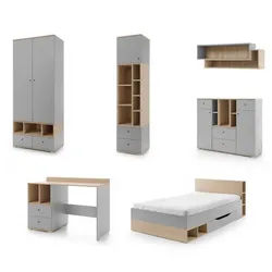 Deine Möbel 24 Jugendzimmer-Set Olaf 6-teilig in Platin Grau / Biskuit Eiche , Grau, Eichefarben , Holzwerkstoff , 489x195x224 cm , Babymöbel & Kindermöbel, Kinderzimmer & Jugendzimmer, komplette Jugendzimmer