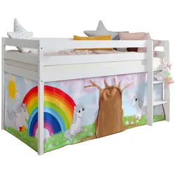 Mid.you Hochbett , Weiß , Textil , Birke,Kiefer , massiv , H2 , 90x200 cm , für Rollrost geeignet , Holzmöbel, Holzbetten, Kinderbetten Holz