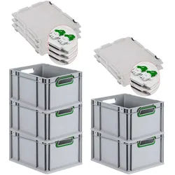 PROREGAL 5x Eurobox NextGen Color mit Scharnierdeckel & Verschlüssen | HxBxT 22x30x40cm | 20 Liter | Griffe grün offen | Glatter Boden