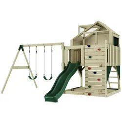 OutdoorToys Spielturm Lasse, aus Holz in Dunkelgrün mit Kinderschaukel & Rutsche, Kletterwand grün