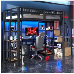 STILVORA Kinderbett mit schreibtisch 90x200 Jungendbett mit Stauraum Metallbett schwarz (mit Schreibtisch & Ablagefach – Leiter mit Stauraum, integrierter LED-Lichtleiste und USB-Anschluss, 90x200 cm), ohne Matratze schwarz