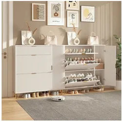 FUROKOY Schuhschrank Weiß Schuhregal Schuhkipper mit 2 Klappen und Kippsicherung (Schmal Schrank Schuhkommode, für 40 Paar Schuhe) für Eingangsbereich, Flur, 110 x 24 x 114.5 cm weiß 110 cm x 114.5 cm x 24 cm