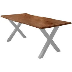 SAM® Baumkantentisch William, massives Akazienholz, echte Baumkante, Gestell X-Form Metall braun 120 cm x 77 cm x 80 cm