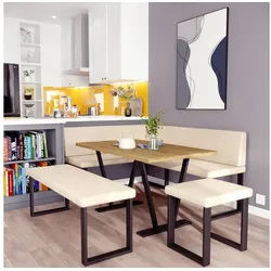 AN FURNITURE STORE Eckbankgruppe Eckbank ALINA Metall Set, (Eckbank mit Tisch, Sitzbank und Hocker), Tischplatte 32 mm, Farbe ARTISAN OAK, pulverbeschichtetes Metallprofil beige