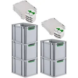 PROREGAL 5x Eurobox NextGen Color mit Scharnierdeckel & Verschlüssen | HxBxT 22x30x40cm | 30 Liter | Griffe grün offen | Glatter Boden