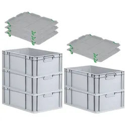 PROREGAL SparSet 5x Eurobox NextGen Grip mit Auflagedeckel & 4 grünen Verschlüssen, HxBxT 22x40x60cm, 44L, Grau, Griffe zu, Eurobehälter