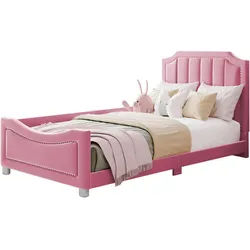 Okwish Polsterbett 90/200 cm Rosa mit Rückenlehne und Armlehne , Pink , Holz , 90x200 cm , Schlafzimmer, Betten, Polsterbetten