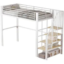 Okwish Hochbett 90/200 cm Weiß mit Treppe und Stauraum aus Metall und Holz , 90x200 cm , Babymöbel & Kindermöbel, Kinderzimmer & Jugendzimmer, Kinderbetten, Hochbetten