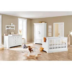 Pinolino Babyzimmer , Weiß , Holzwerkstoff , 1 Fächer , 3 Schubladen , Lattenrost inklusive, Schlupfsprossen, zum Juniorbett umbaubar, höhenverstellbar, Sprossen mit Normabstand, Aufbauanleitung im Karton , Babymöbel & Kindermöbel, Babyzimmer, Babyzimmer-Serien