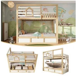 HAUSS SPOLE Etagenbett 90x200 mit Sicherheitsgeländer,Kinderbett Holzbett mit zwei Matratze (Stockbett Hausbett Kinderbett mit Hydraulik-Stauraum), 2 Liegeflächen in Hüttenstil,Weiß & Eichefarbe(mit zwei Matratze)