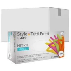 Style Tutti Frutti Nitrilhandschuhe, puderfrei, farbenmix, Unsterile Einmalhandschuhe mit Fingerspitzentexturierung, 1 Karton = 10 Packungen à 96 Stück, Größe M