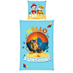 Herding Kinderbettwäsche 135x200cm Paw Patrol Hello Sunshine, Renforcé, 2 teilig, Chase und seine Freunde am Strand, Knopfleiste blau