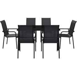Ambia Garden Gartenset , Grau , Metall, Glas, Textil , 7-teilig , 284x204x100 cm , wetterbeständig, Tisch mit Glasplatte, Stühle stapelbar , Gartenmöbel, Gartengarnituren, Gartenmöbel-sets