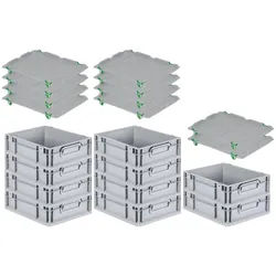 PROREGAL SparSet 10x Eurobox NextGen Grip mit Auflagedeckel & 4 grünen Verschlüssen, HxBxT 12x30x40cm, 11L, Grau, Griffe zu, Eurobehälter