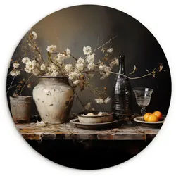 MuchoWow Wandbild Stilleben - Blumen - Blumenstrauß - Vase - Wein 90x90 cm , Mokka , Kunststoff , Rund , 90x90 cm , einfache und schnelle Anbringung , Bilder & Rahmen, Bilderrahmen, Bilderrahmen & Fotorahmen