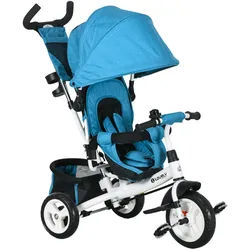 Homcom 6-In-1 Dreirad mit Schubstange, Kinderdreirad mit abnehmbarem Sonnendach , Hellblau , Metall , 49x102x102 cm , unisex , Spielzeug, Kinderfahrzeuge