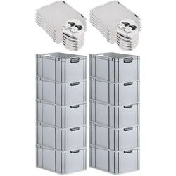 PROREGAL SuperSparSet 10x Eurobox NextGen Color mit Scharnierdeckel & Verschlüssen, HxBxT 32x40x60cm, 65L, Grau, Griffe schwarz offen, Eurobehälter