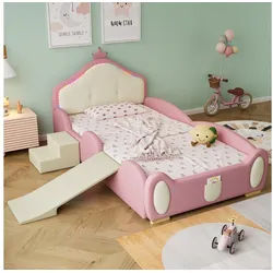 STILVORA Kinderbett mit LED-Licht,Polsterbett 90x200 Bettgestell mit Rutsche&Treppe,PU (1-tlg) rosa