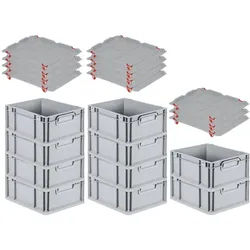 PROREGAL SuperSparSet 10x Eurobox NextGen Grip mit Auflagedeckel & 4 roten Verschlüssen, HxBxT 17x30x40cm, 16L, Grau, Grau, Griffe zu, Eurobehälter
