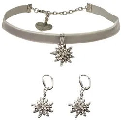 Alpenflüstern Ketten-Set Trachtenschmuck-Set Trachten-Samt-Kropfband und Ohrhänger Strass-Edelweiß (grau), - Damen-Trachten-Schmuck, Trachtenset Trachtenkette und Trachten-Ohrringe
