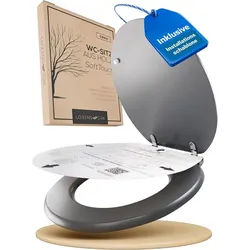 Lobenswerk WC-Sitz Toilettendeckel mit Absenkautomatik, Klodeckel, Klobrille, SoftClose, antibakteriell, UV-beständig, inkl. Installationsschablone grau Oval
