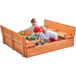 VEVOR Sandkasten aus Holz, 132 x 120 x 43 cm, Sandkasten mit klappbaren Sitzbänken und Bodeneinlage, Sandkasten aus Naturholz für Kinder für den Garten, Strand, Park, Geschenk für Jungen und Mädchen im Alter von 3–12 Jahren