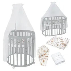 waldin Babybett Grey Oval 7in1 mit Matratze und Himmelset , Grau, Multicolor , Textil , Echtholz,Buche , Oval , 73x125 cm , FSC 100% , Babymöbel & Kindermöbel, Babyzimmer, Babybetten, Gitterbetten