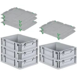 PROREGAL SparSet 5x Eurobox NextGen Grip mit Auflagedeckel & 4 grünen Verschlüssen, HxBxT 12x30x40cm, 11L, Grau, Griffe zu, Eurobehälter