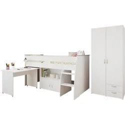 Parisot Jugendzimmer-Set Reverse 12, (2-tlg., Hochbett mit Schreibtisch und Kommode + Kleiderschrank, 2-türig), viel Stauraum, platzsparend, Schreibtisch und Kommode integriert weiß