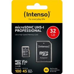 Intenso microSDHC Card 32GB, Professional, Class 10, U1 (R) 100MB/s, (W) 45MB/s, SD-Adapter, Retail-Blister