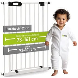BOMI Türschutzgitter Kinderschutzgitter Merle, Extra Hoch, Breite 73-161 cm (ohne Bohren, klemm- und verschraubbar, Weiß, Metall), Treppenschutzgitter mit 90°-Festellfunktion & 2-Wege-Öffnung weiß 93 cm x 107 cm