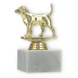 Pokal Kunststofffigur Beagle gold auf weißem Marmorsockel 12,6cm