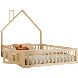 Okwish Hausbett 140/190 cm Natur mit Lattenrost und Sicherheitsgitter aus Kiefernholz , Naturfarben , Holzwerkstoff , 140x190 cm , Babymöbel & Kindermöbel, Kinderzimmer & Jugendzimmer, Kinderbetten, Spielbetten
