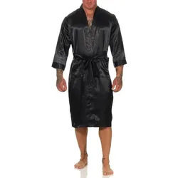 EloModa Morgenmantel Herren Morgenmantel Robe Bathrobe Bademantel Satin, M L XL 2XL, wadenlang, Polyester schwarz XL