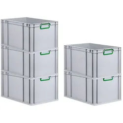PROREGAL 5x Eurobox NextGen Color | HxBxT 22x40x60cm | 65 Liter | Griffe grün geschlossen | Verstärkter Boden | Eurobehälter