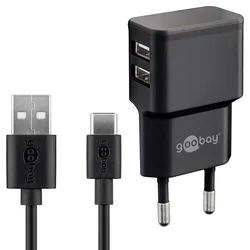 Dual Ladeset 2,4 A, Netzteil mit 2x USB-Ausgang inklusive USB-Ladekabel, schwarz