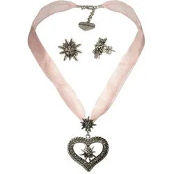 Alpenflüstern Ketten-Set Trachtenschmuck-Set Organzakette Strassedelweissherz und Ohrstecker Strassedelweiss (rosa-ros), - Damen-Trachten-Schmuck, Trachtenset Kette und Trachten-Ohrringe