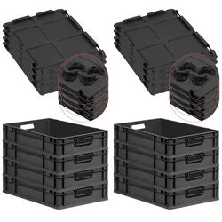 PROREGAL SuperSparSet 8x Eurobox NextGen Color mit Auflagedeckel & Verschlüsse, HxBxT 12x40x60cm, 23L, Schwarz, Griffe schwarz offen, Eurobehälter