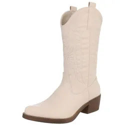 Ital-Design Damen Kniehohe Western-Stiefel mit Stickerei und Blockabsatz Westernstiefel (89938084) Blockabsatz Stiefel in Beige beige 36 EU