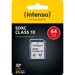 Intenso SDXC-Card 64GB, Class 10 (R) 25MB/s, (W) 10MB/s, Retail-Blister