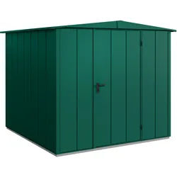 Hörmann Metall-Gerätehaus Berry mit Satteldach B 238 x T 238 cm (Typ 2), Motiv Modern (mit breiten Lamellen), Einzeltür Türanschlag rechts, Moosgrün (RAL 6005)