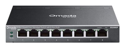 TP-Link Omada ES208GP nätverksswitchar hanterad L2 Gigabit Ethernet (10/100/1000) Strömförsörjning via Ethernet (PoE) stöd DIN-skena Svart