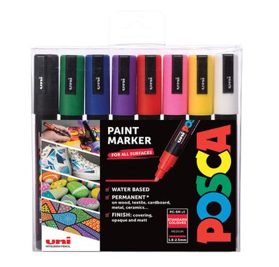 POSCA PC-5M Sort, Blå, Grøn, Lyserød, Rød, Violet, Hvid, Gul 8 stk